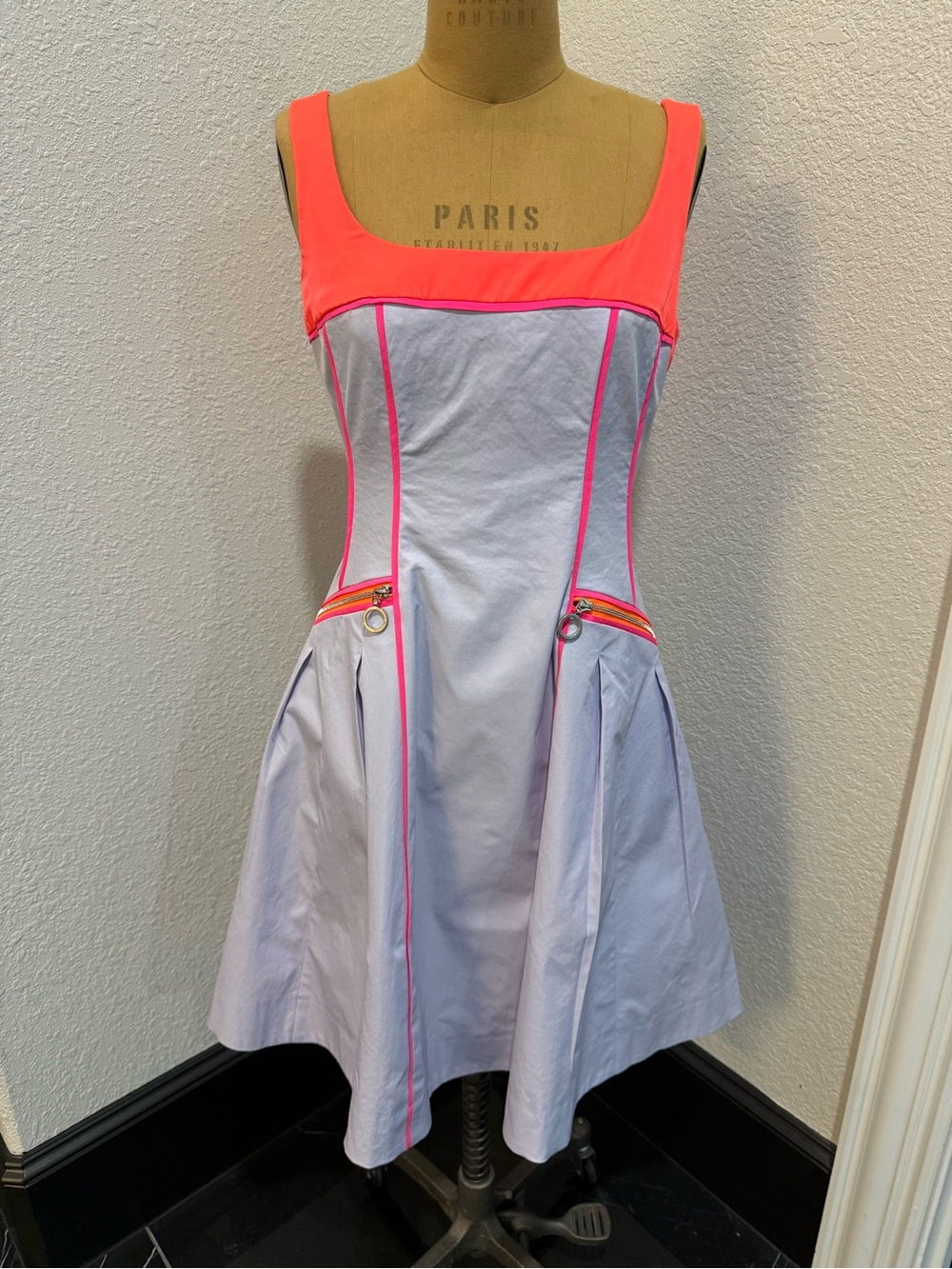 Nanette Lepore Lavender Dress with Neon Coral Yoke and Pink Piping